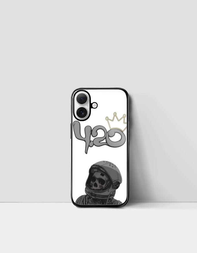 420 iPhone glass case featuring skull astronaut design with crown on white background
