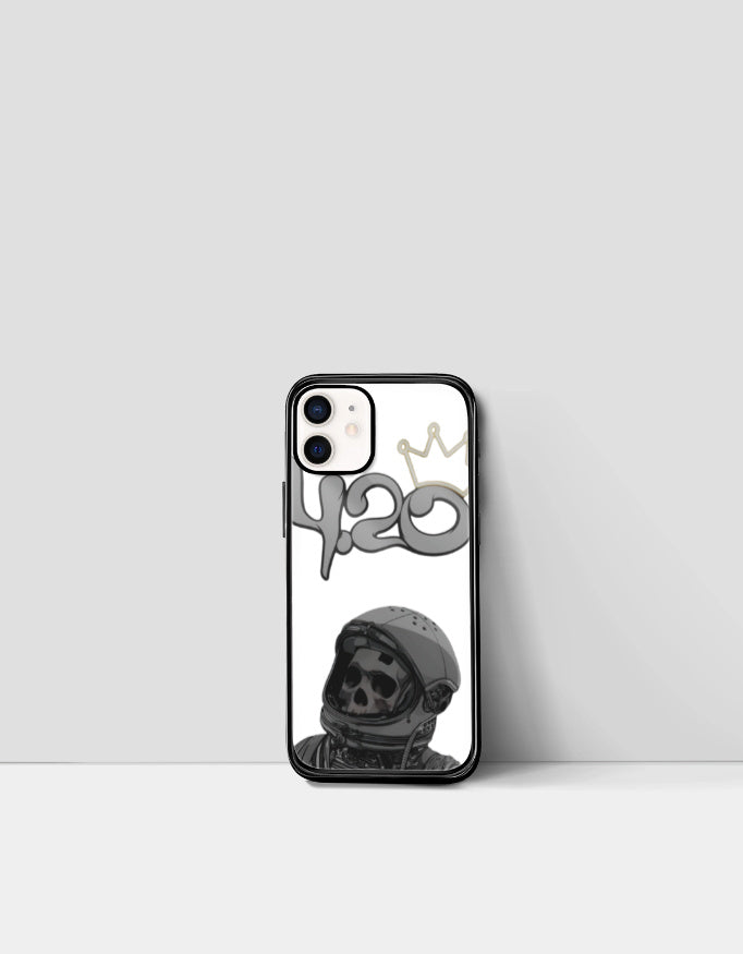 420 iPhone glass case featuring a black skull astronaut design with a crown detail on white background