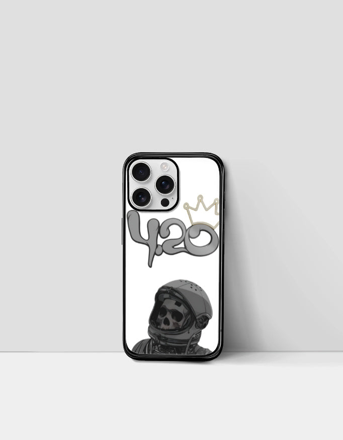 420 iPhone glass case with a skull astronaut design and a small crown on white background