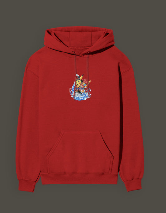 Red hoodie featuring Pikachu the first son of sea design, perfect for anime fans