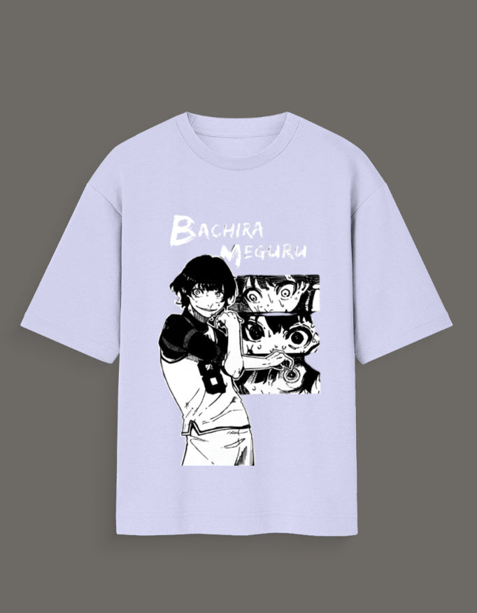 Light purple aart x Bachira Meguru graphic shirt featuring black and white anime character design