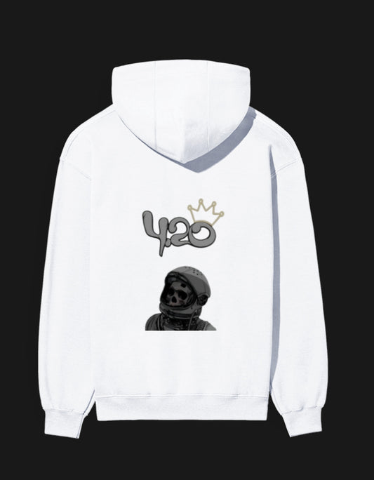 White 420 anime hoodie featuring a skeleton with a crown design on the back