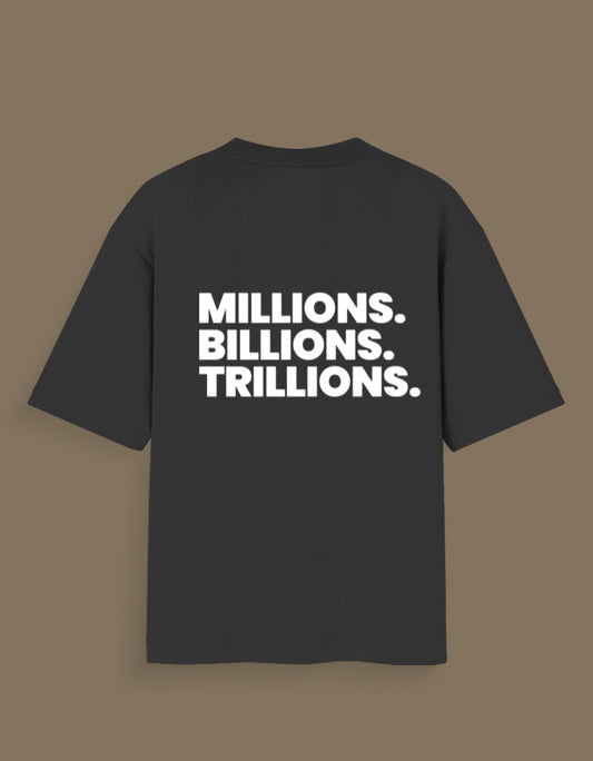 Black anime aesthetic t-shirt back view with bold white stacked text MILLIONS. BILLIONS. TRILLIONS. casual streetwear