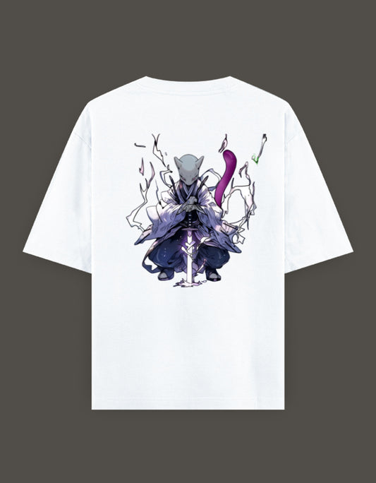 White anime crossover t-shirt for Gen Z featuring a dynamic character illustration on the back