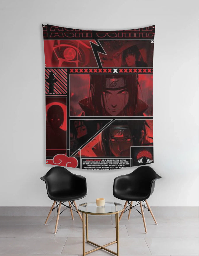 Itachi Uchiha tapestry red and black anime collage with Sharingan motifs wall decor for fans by AnimeVerseStore