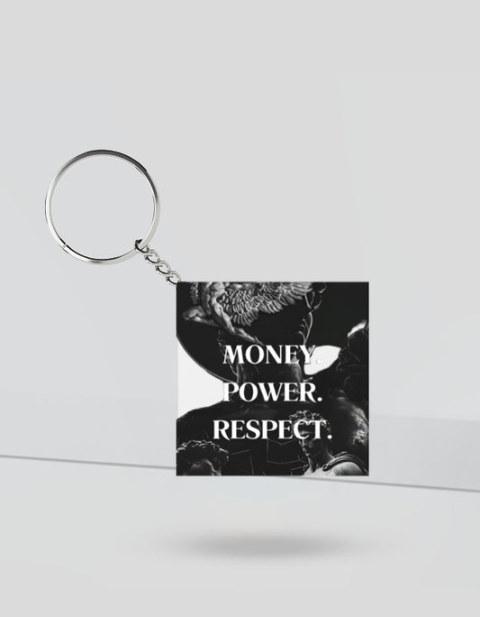 Square anime keychain for Gen Z with black and white design featuring money power respect text