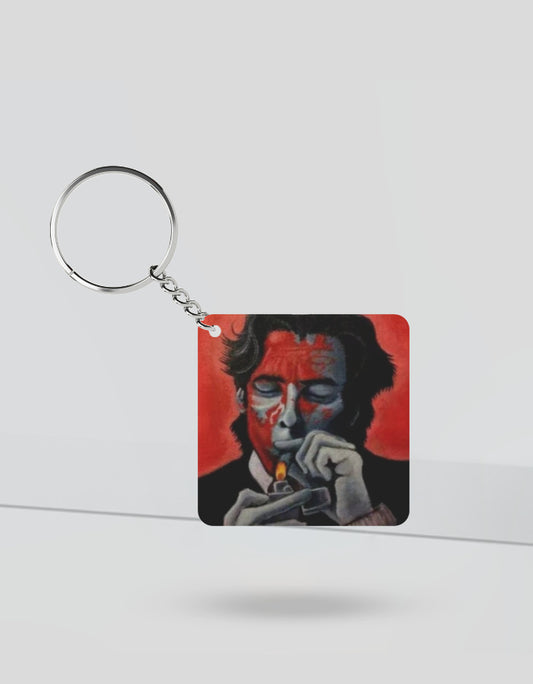 Anime keychain for Gen Z featuring a stylized illustration of a person lighting a cigarette with red background