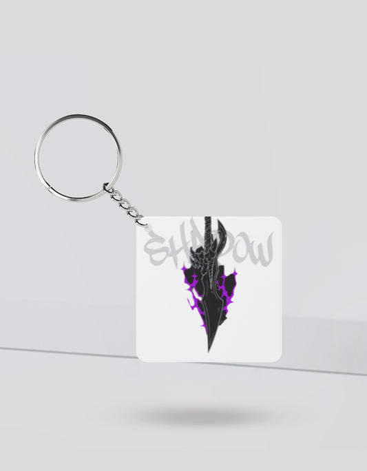 Anime shadow keychain with a black and purple sword design on a white square background