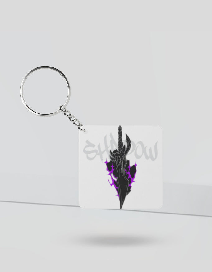 Anime shadow keychain featuring a black and purple blade design with metallic keyring