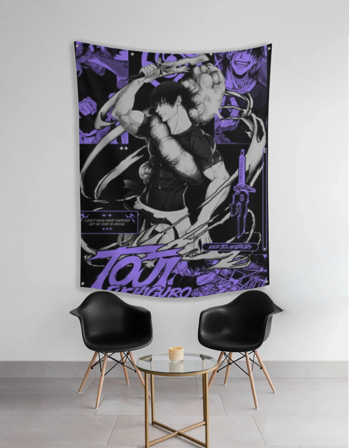 Toji Fushiguro tapestry black and purple anime collage wall art showing Toji with sword for bedroom decor