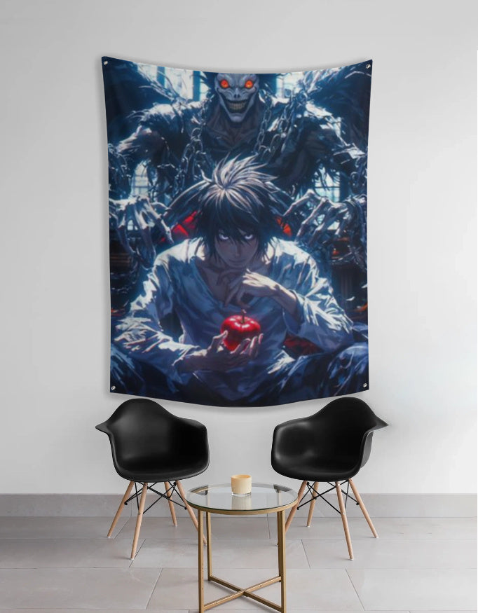 Death Note tapestry anime wall art featuring protagonist holding red apple with shinigami behind