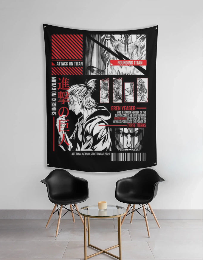 Black red Attack on Titan tapestry featuring Eren Yeager profile and founding titan artwork