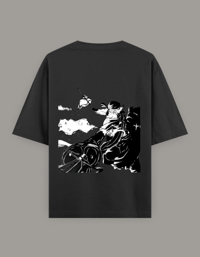 Black back view zoro anime t-shirt with large white Jolly Roger skull and crossbones graphic