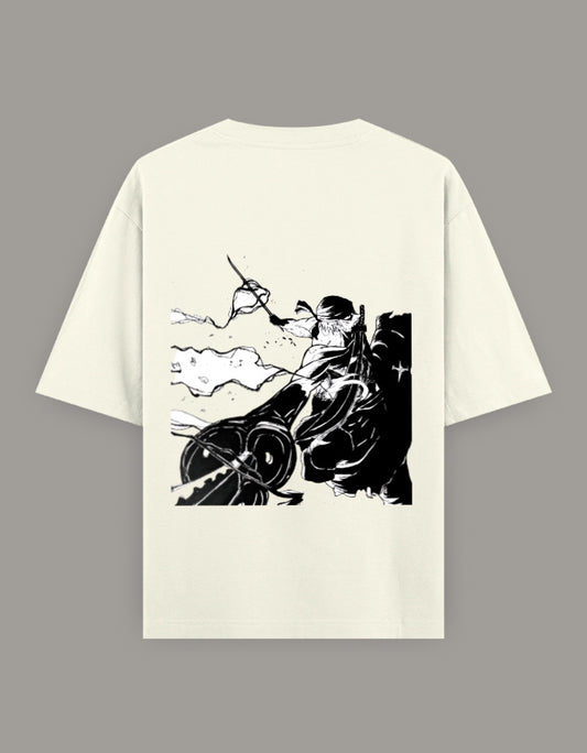 Back view of zoro anime t-shirt plain cream short sleeve cotton relaxed fit on dark background
