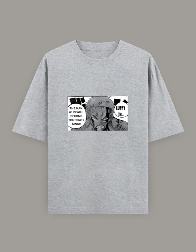 zoro anime t-shirt plain light gray oversized crew neck short sleeve tee on neutral background