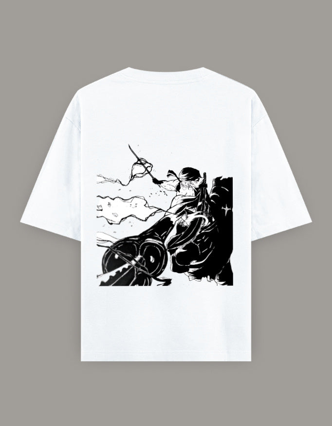 AnimeVerseStore white cotton zoro anime t-shirt with large black manga style back print of a swordsman in action