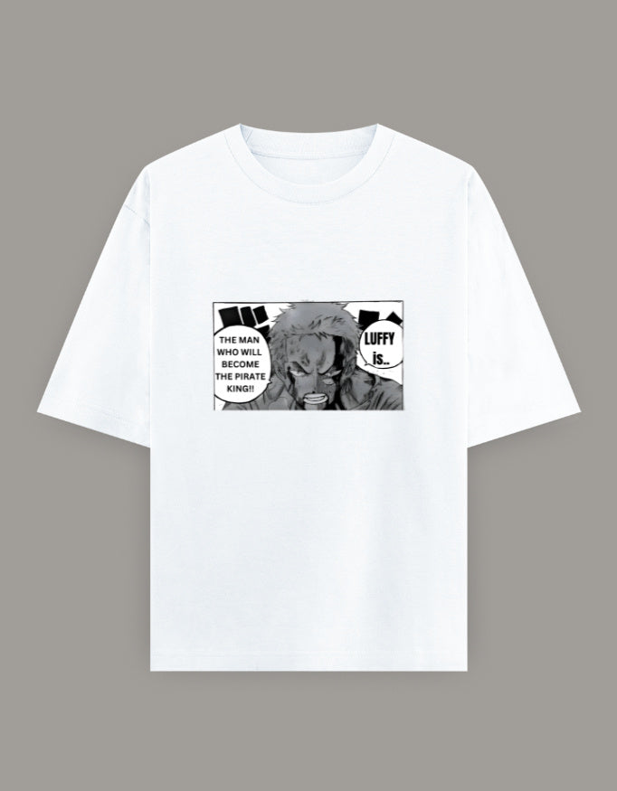 White zoro anime t-shirt featuring black ink manga style crouching character with smoky shadow art
