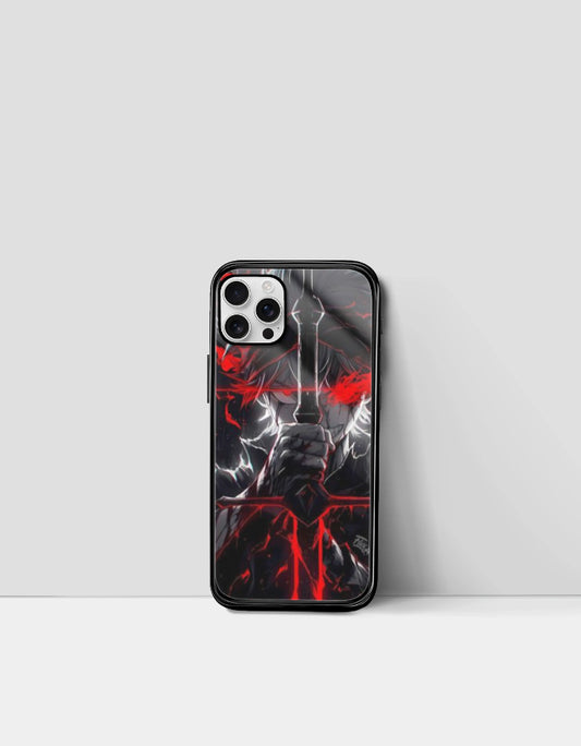 Asta iPhone glass case featuring a dark anime design with red and white sword illustration