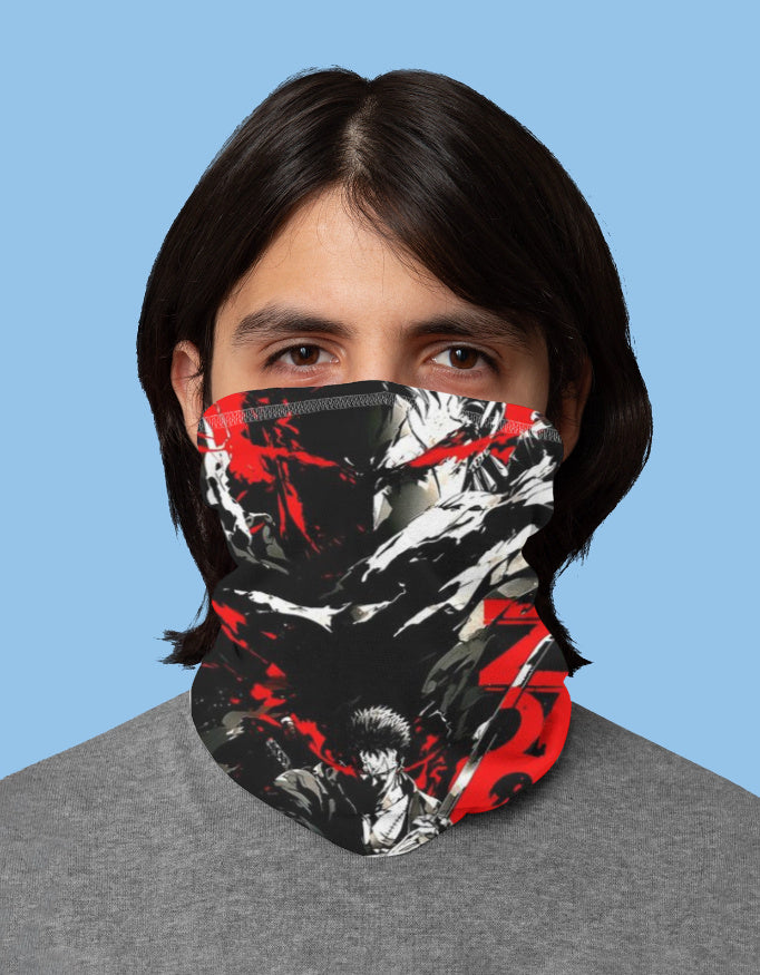 Berserk anime bandana featuring striking artwork of characters and intense colors for fans and collectors