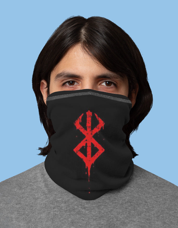 Berserk bandana streetwear neck gaiter featuring a red logo on black fabric for stylish protection