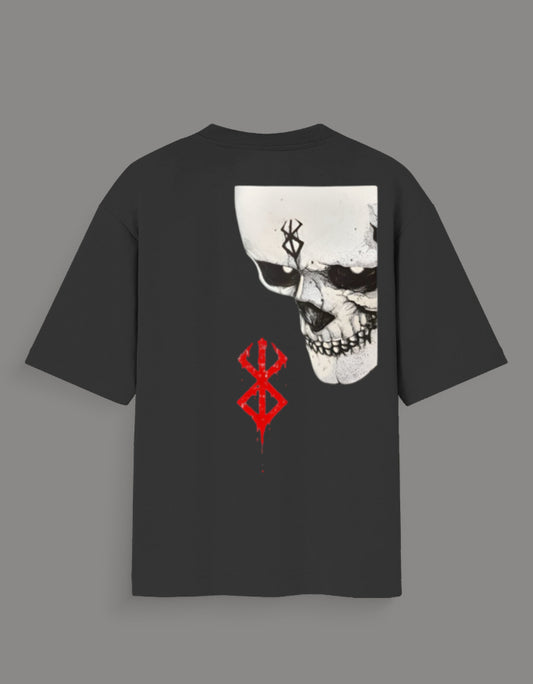Black Berserk graphic tee for Gen Z with skull and red symbol design on back