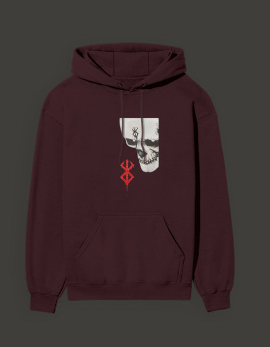 Berserk hoodie India featuring a bold skull design in maroon color with a front pocket