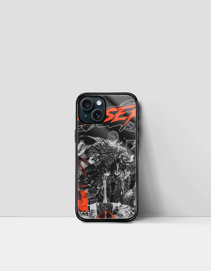 Black and red Berserk iPhone case featuring detailed anime character art and bold graphic design
