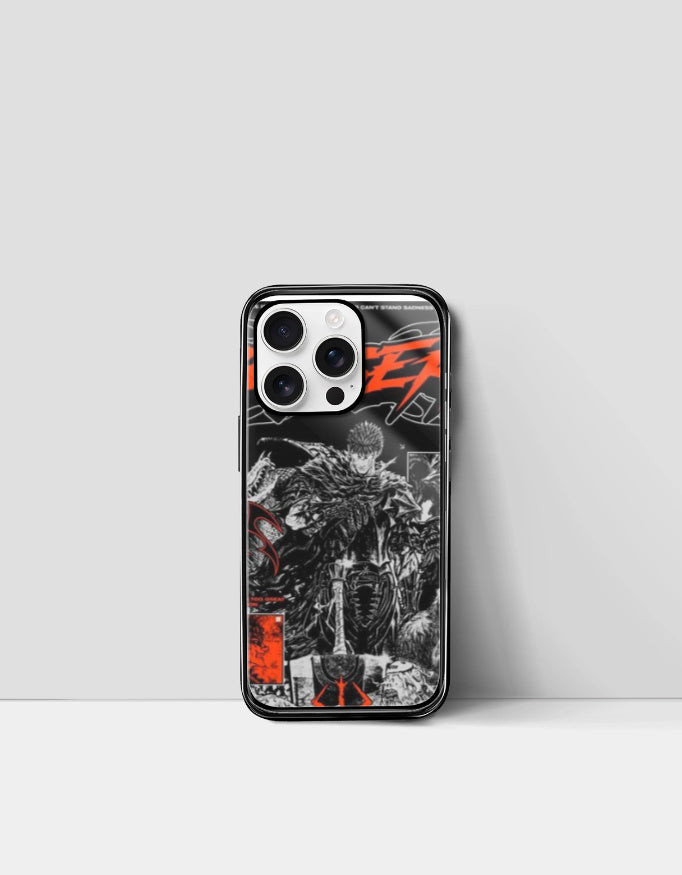 AnimeVerseStore black and red Berserk iPhone case featuring dark manga artwork and character design