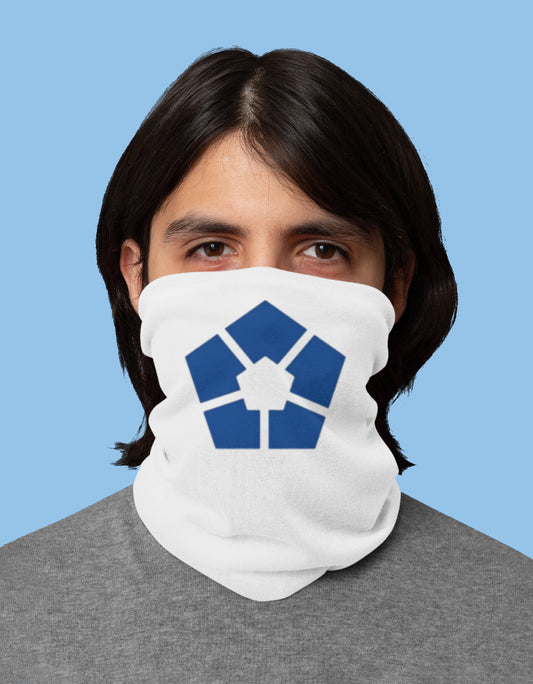 Model wearing a blue lock bandana featuring a bold blue graphic design on white fabric