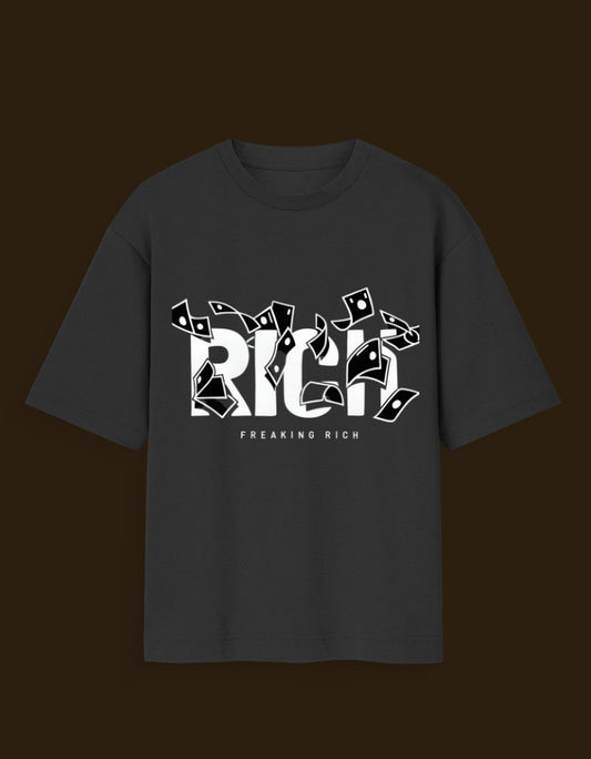 Black rich god anime aesthetic tee with bold white RICH graphic and flying dollar bills design