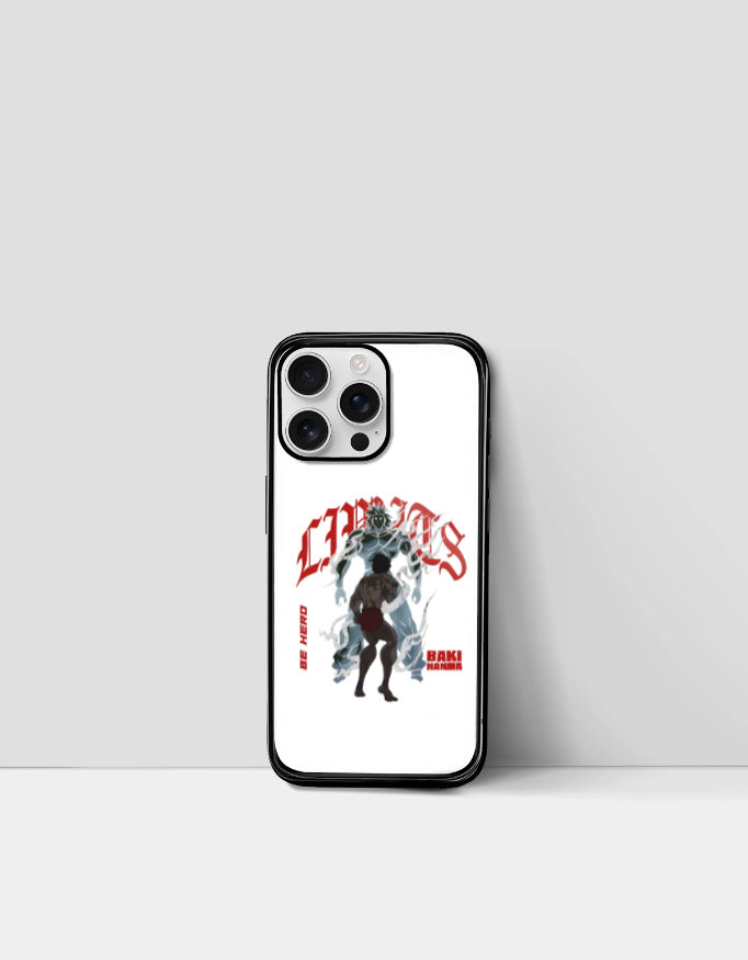 CHAOS X BAKI anime case with black border featuring two character silhouettes and red text design