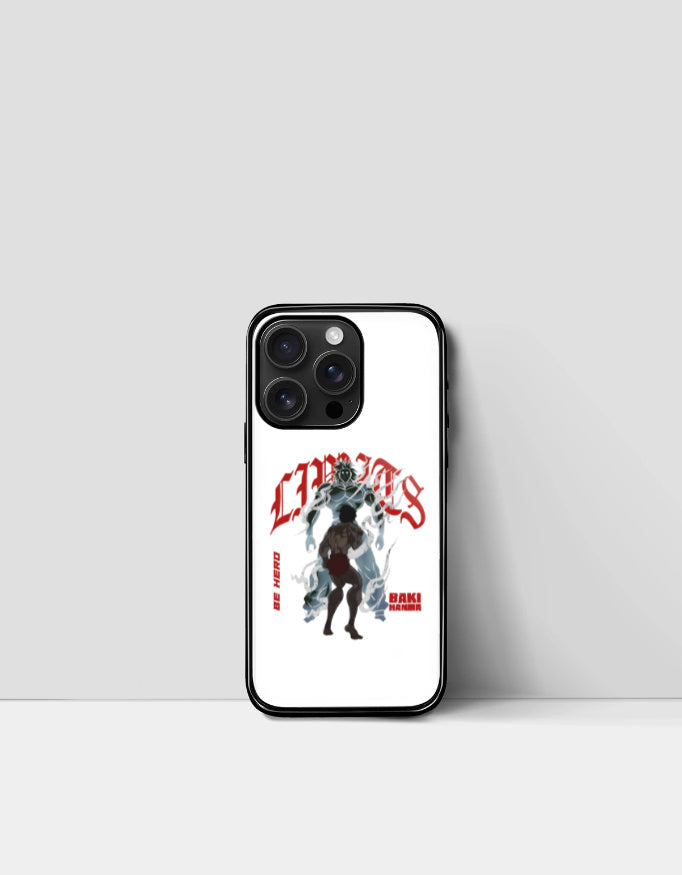 Black phone case featuring CHAOS X BAKI anime case design with characters and red text