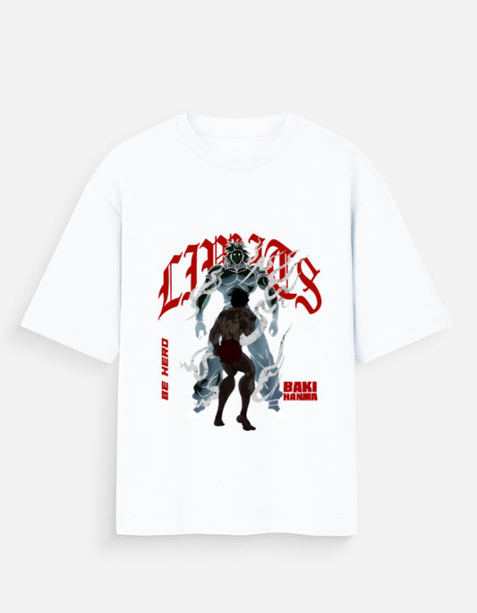 White CHAOS X Baki graphic tee featuring Baki Hanma with bold red and black anime design