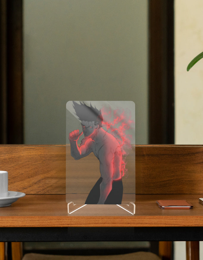 Anime character relic display featuring a dynamic pose with red energy effects on a wooden table