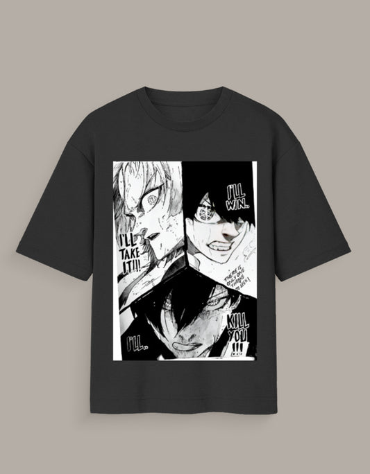 Black ego manga art graphic tee featuring intense black and white manga character panels from AnimeVerseStore