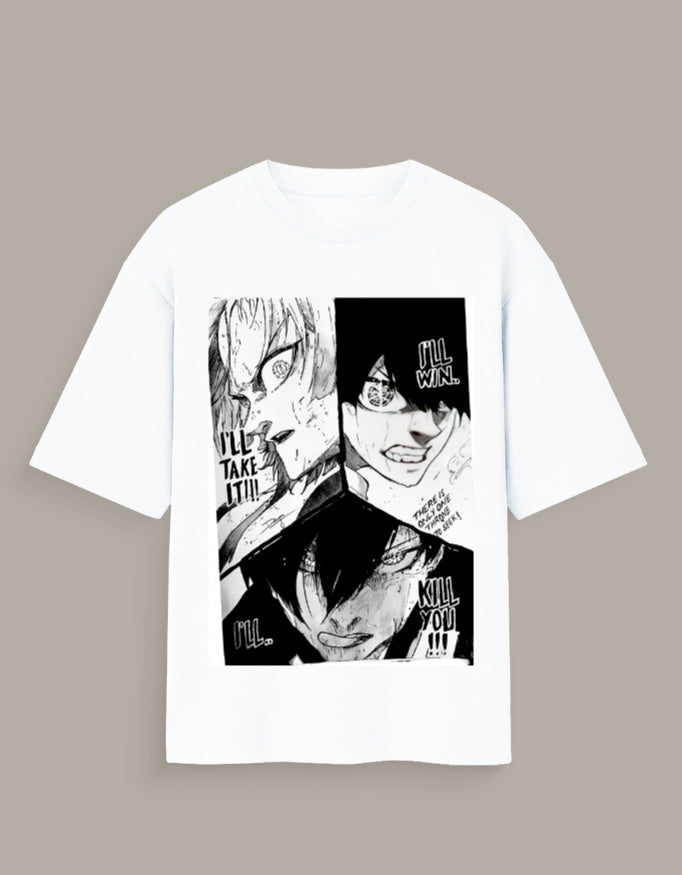 White ego manga art graphic tee featuring black and white manga character panels with intense expressions