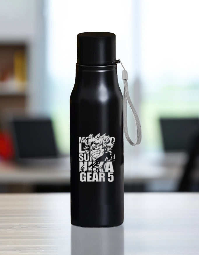 Black stainless steel engraved nika gear 5 bottle with strap and anime design