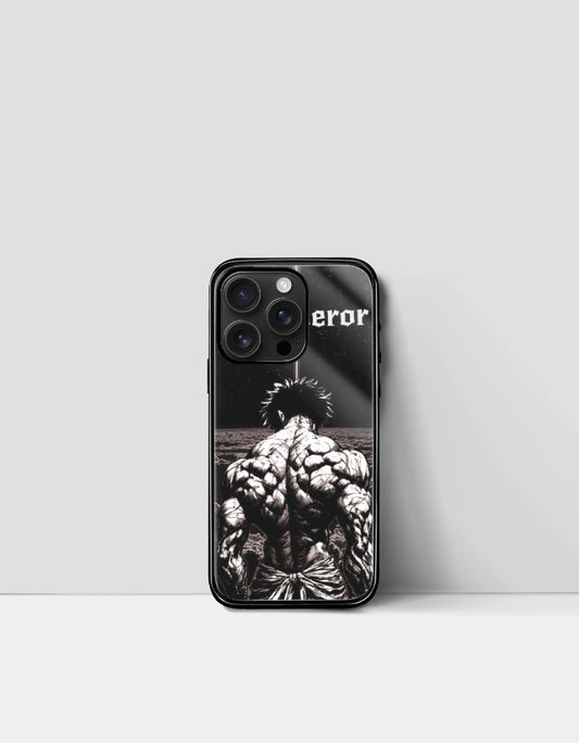 Black error anime phone cover featuring a muscular anime character with spiky hair from the back