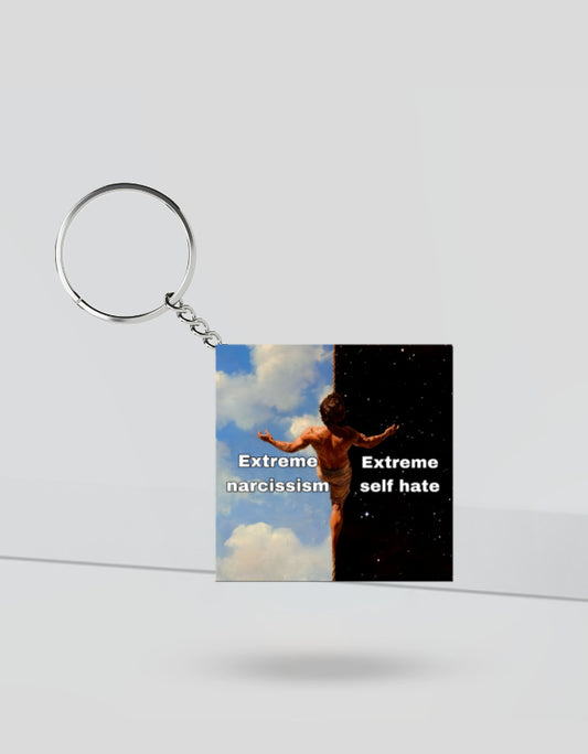 Square keychain featuring extreme narcissism vs self hate design with contrasting light and dark backgrounds