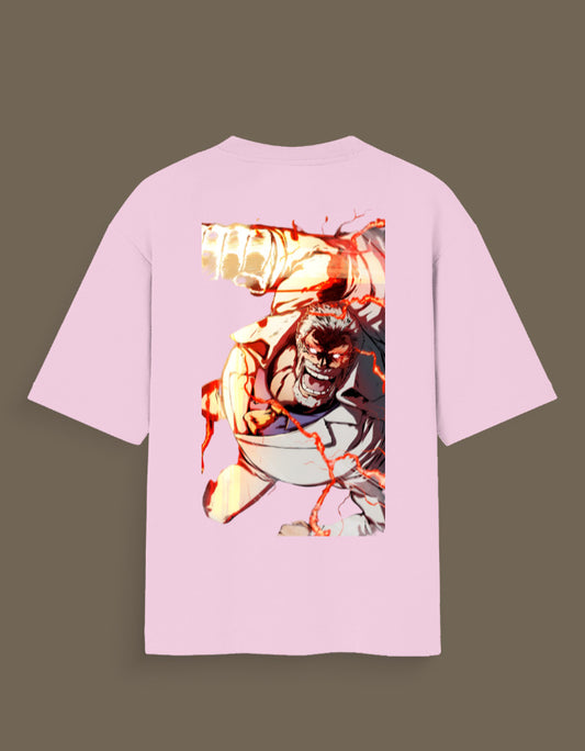 Pink Garp Haki anime t-shirt with dynamic graphic of muscular character in battle pose