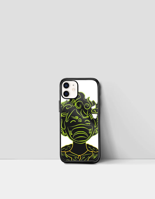 Gear 5 iPhone case featuring neon green anime character design with expressive face on white background