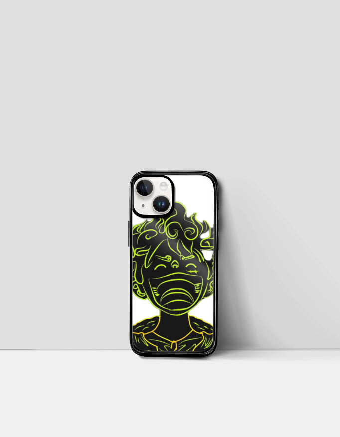 Gear 5 iPhone case with neon green anime character design on black and white background