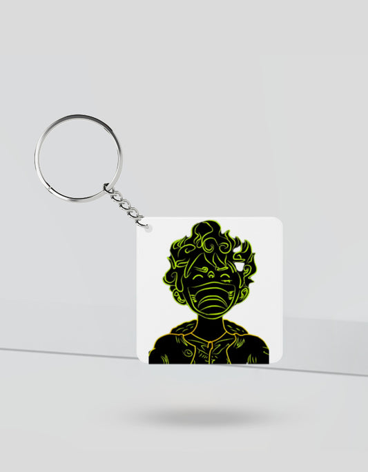 Anime-themed Gear 5 keychain featuring a stylized character outline in black and neon green