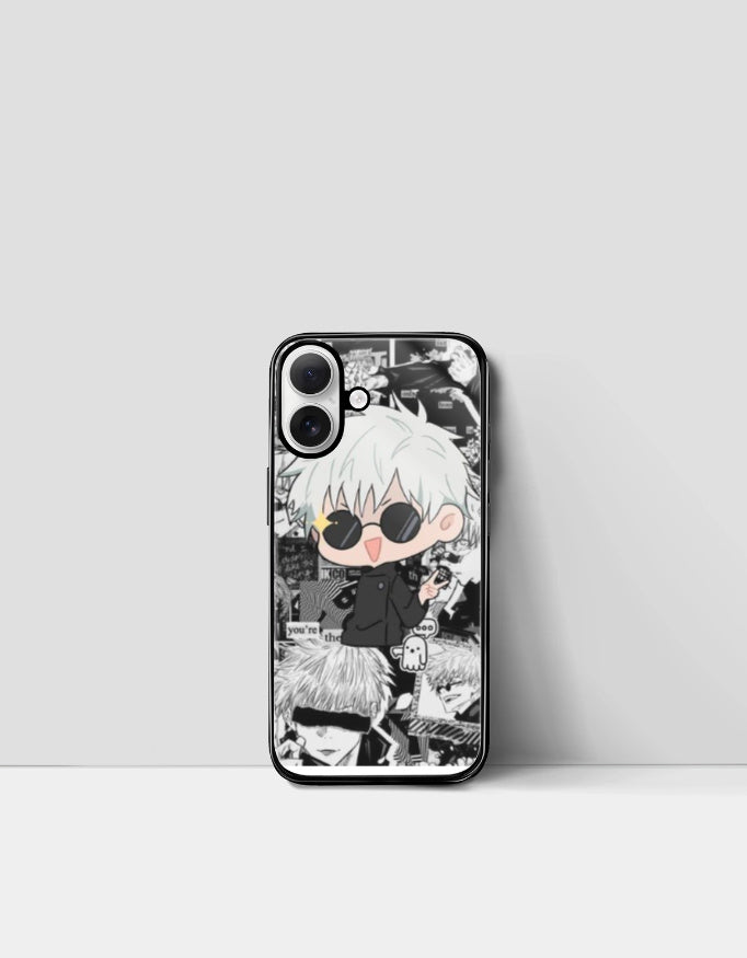 Gojo iPhone case featuring chibi anime design and black and white manga background