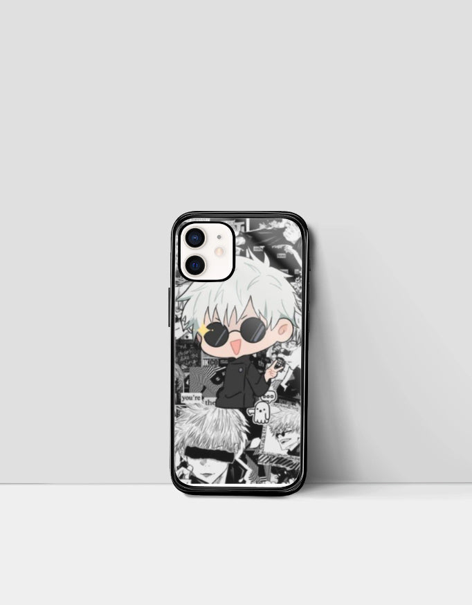 AnimeVerseStore Gojo iPhone case with chibi character design and black white manga background