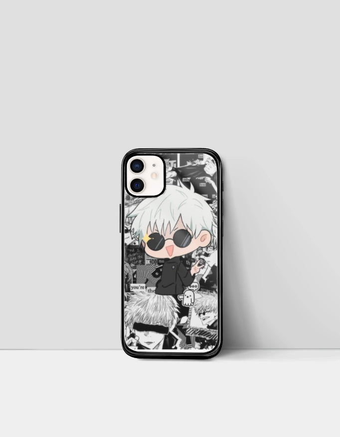 Gojo iPhone case featuring chibi anime character with sunglasses and black outfit on manga collage background