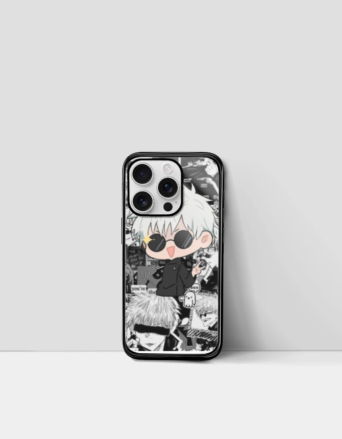 Gojo iPhone case featuring chibi Gojo design with black and white anime collage background