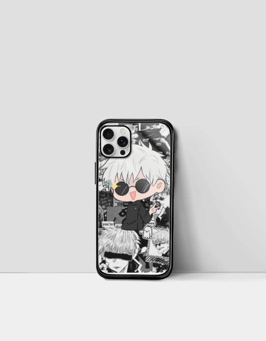 Anime-themed Gojo iPhone case featuring chibi character design and black and white manga background