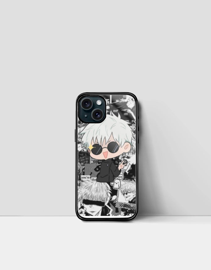 AnimeVerseStore Gojo iPhone case with chibi character and black white manga collage design