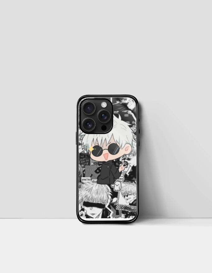 Gojo iPhone case featuring black and white anime design with chibi character wearing sunglasses